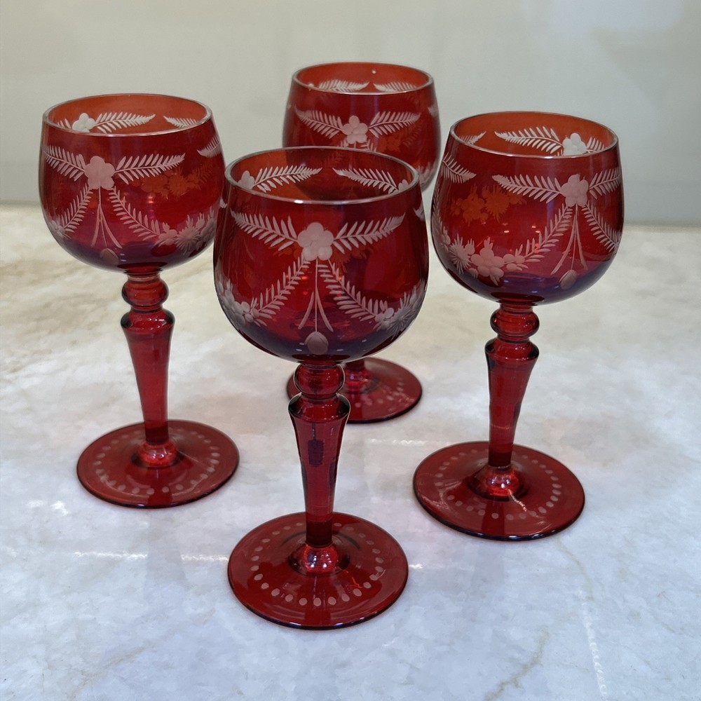 4 Vtg Bohemian Cut to Clear Ruby Red Stemware