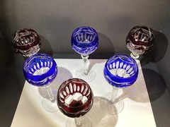 Six (3 Blue And 3 Ruby) Cut To Clear Hock Wine Glasses 8 3/8” Lead Crystal