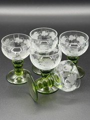Vintage Luminarc France Set 5 Etched Grape Green Stem Cordial Glasses