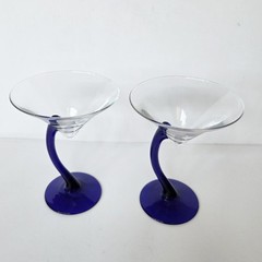 Libbey Bravura Martini Glasses (Set of 2) Cobalt Blue Curved Stem Vtg Barware