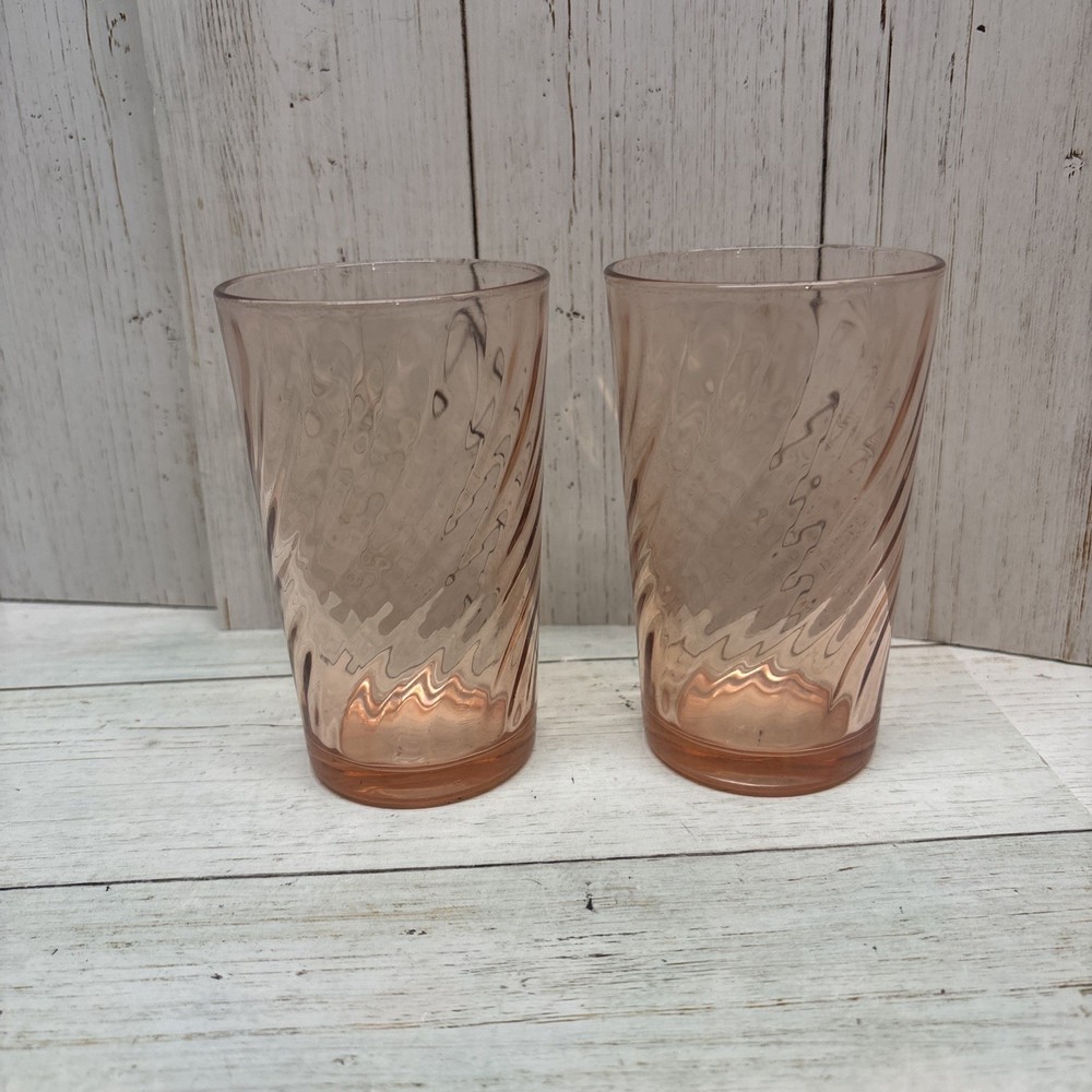 Arcoroc Rosaline Glass Tumblers 4-5/8″ Tall Pink Swirl 9-oz Made in France Set 2