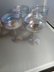 Set of 4 Irredescent Ribbed Glass Champagne Coupe Sherbet Glasses