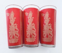 Culver Oriental Siam Geisha Girl Red Gold Three Iced Tea Glass Tumblers Solid
