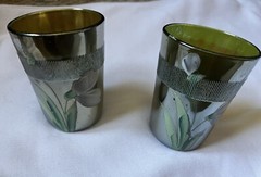 Elegant Early 1900’s Glass Hand Painted & Ground Base Antique 2 Tumbler’s 4”