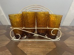 VTG MCM Amber Textured Glasses Tumblers 12 oz set of 8 w/ Caddy RARE FIND
