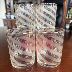 RARE Vintage 24K Gold Culver Frosted Striped Old Fashioned Glasses. Signed