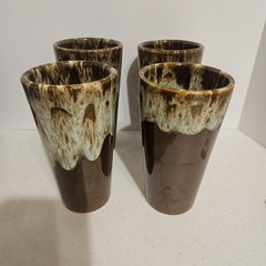 Set of 8 Vintage USA Brown Drip Glaze Pottery 12 oz Tumbler 5.5” Tall