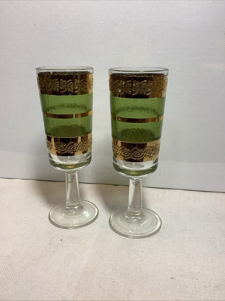 MT1099 Set Of 2 Small Vintage MCM Culver Starlyte Cordial Glasses Gold & Green