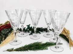 Set of 7 Vintage Etched Floral Crystal Wine Glasses 7.5” Stemware