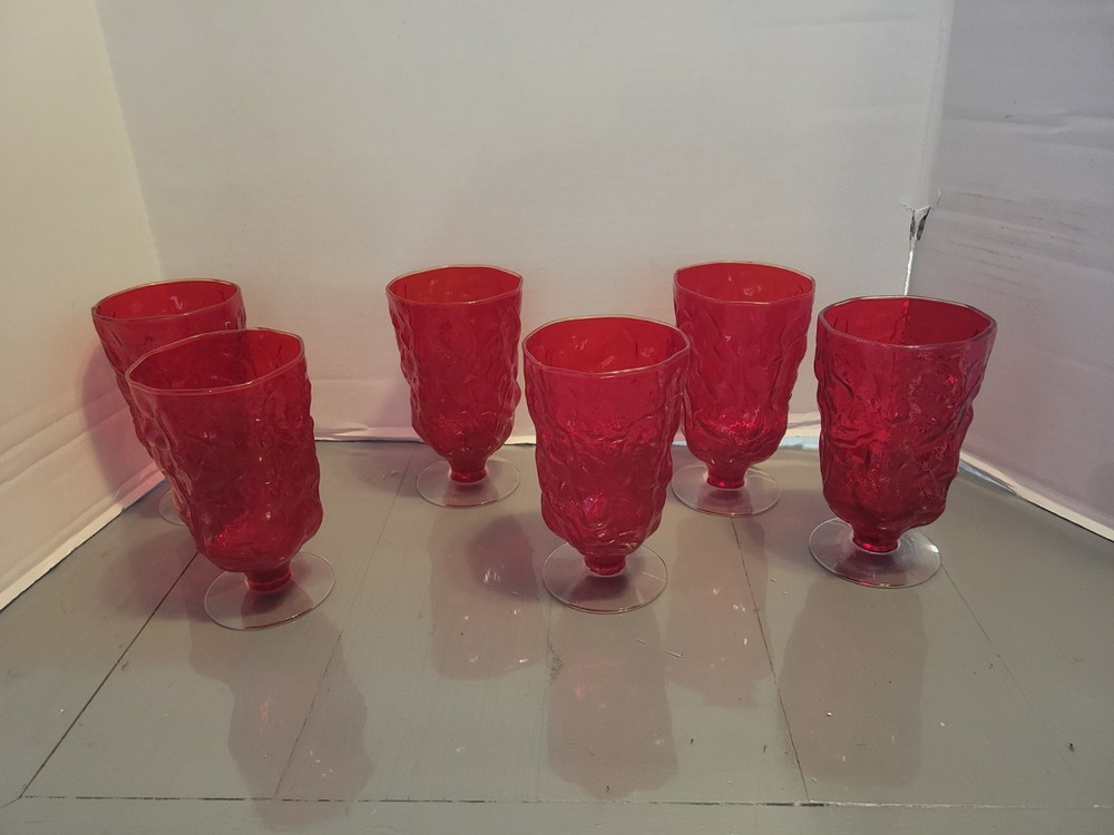 Morgantown Seneca Driftwood Red Ruby Footed Crinkle Water Goblet Glasses 6 Lot