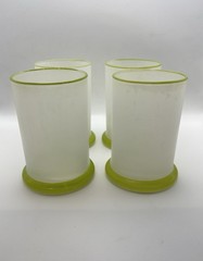 Set of 4 Vintage Frosted Glass Tumblers Green Rim & Base Mid-Century – 5” MCM