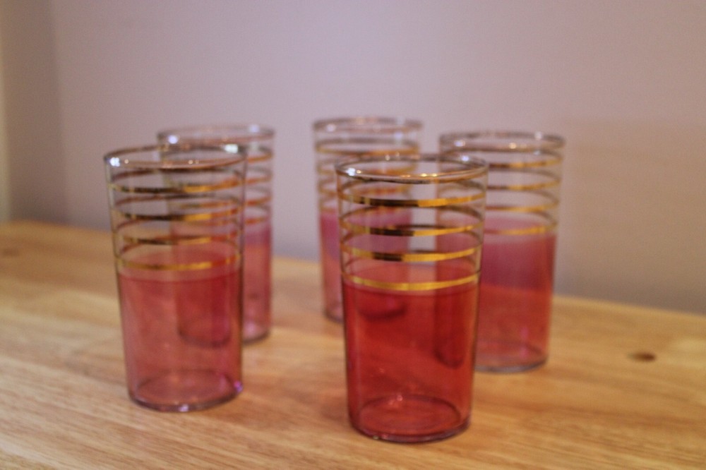 vintage pink and gold striped drinking highball bar glasses S/5 GUC