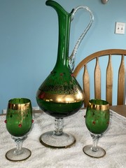 Vintage Rare emerald green And Gold glass decanter Set