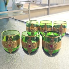 Mid Century Emerald Green & Gold Jeweled Czech Bohemian Cordial Cocktail Glasses