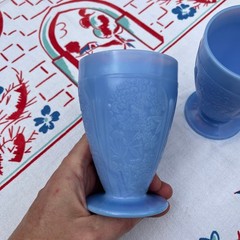 Delphite Blue Cherry Blossom Jeannette Footed 4.5″ tall Tumblers SET OF 2