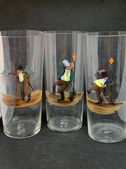 3 VINTAGE MCM CZECHOSLOVAKIAN HAND PAINTED GLASS TUMBLERS – 6″ – TIPSY DRUNKS BE