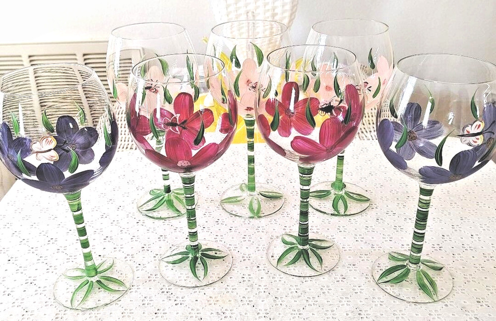 7 Balloon Wine Glasses Dainty Long Stem Hand Blown & Painted Florals 8″ 16 oz.