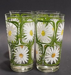 4 Vintage Libbey Glass Green Square White Daisy Yellow Drinking Glasses 1970s