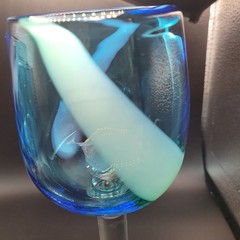 2 Hand Blown Art Glass Blue W/Swirling Pattern Wine Goblets 8 in Tall 3 in Wide