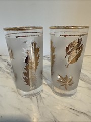 Vtg 70’s Glasses Frosted Gold Leaf Foliage Drinking Cups Set of 2 READ