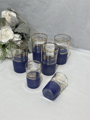 4 Large 2 Small Barware Glasses Textured Blue Bottom Gold Leaf Vintage Art Deco