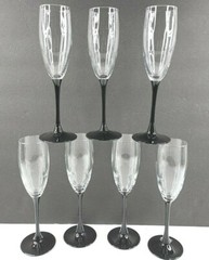 7 Luminarc Domino Signature Black Stems Fluted Champagne Set Cristal France Lot