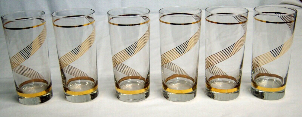 Vtg MCM Set of 6 Glass 14oz Tumblers w/Gold Swirl Trim Detail Granny’s Kitchen