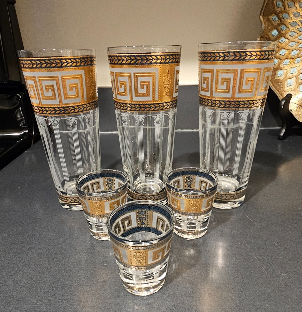 3 each CULVER Greek Key skyball & shot glasses green white gold iced tea Signed