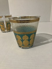 3 Vintage MCM Culver Gold and Turquoise Low Ball Cocktail Glasses Pineapple’s