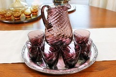 Amethyst Swirl Glass Pitcher & 6 Matching Glasses 40 oz Hand Blown Purple Art Gl