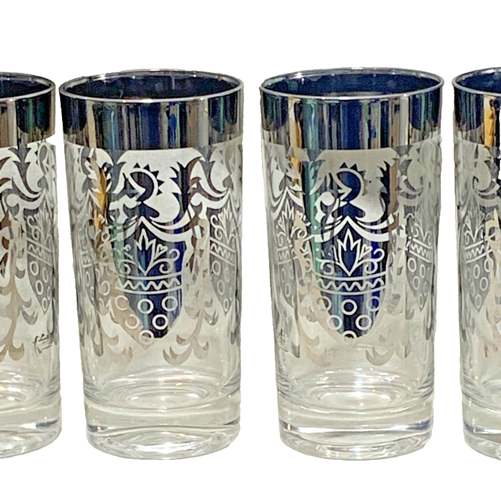 KIimko Vintage Barware Kitchen Silver Decorated Highball Cocktail Glass Signed