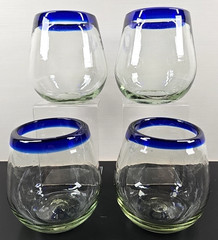 (4) Pier 1 Cobalt Rim Stemless Wine Glasses Set Clear Mexican Hand Blown Art Lot