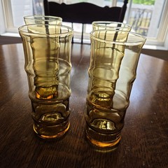 Vintage 7″ Libbey Amber Bamboo Tiki Highball Glasses Set Of 4 60s 70s MCM