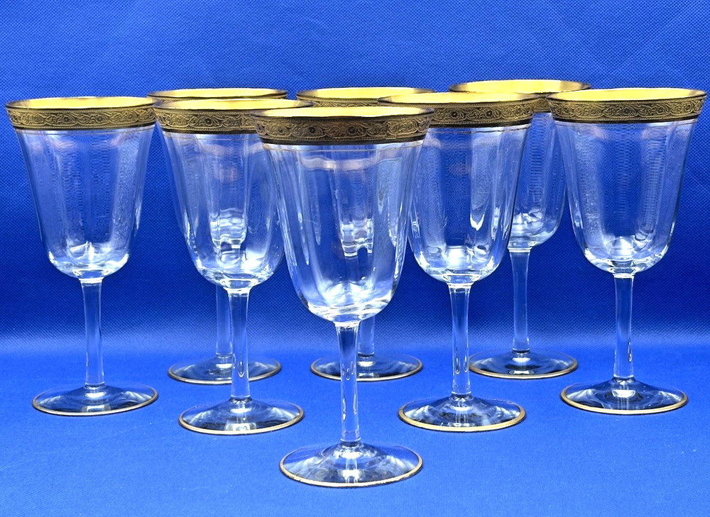Set of 8 Vintage Tiffin Franciscan Minton Clear Gold Encrusted Water Goblets