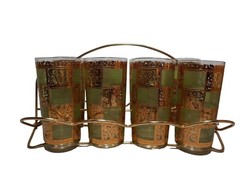 Set 8 Culver Prado Mid Century 22kt Gold Green Highball Glasses W/ Carrier MCM