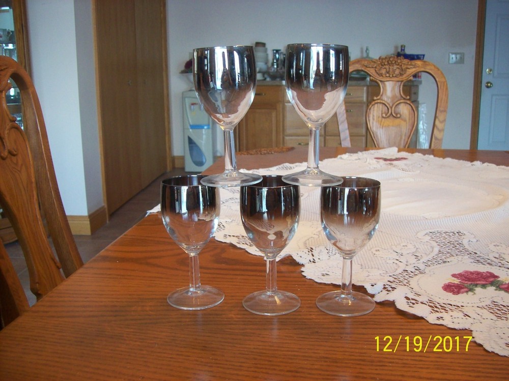 Silver Trimmed Roly Poly Design Vintage Small Short Stemmed 5 Wine Goblets
