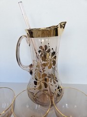 ✨ MCM Bohemian Czech Blush Glass Gold Enamel Cordial Set Pitcher + 4 🍸