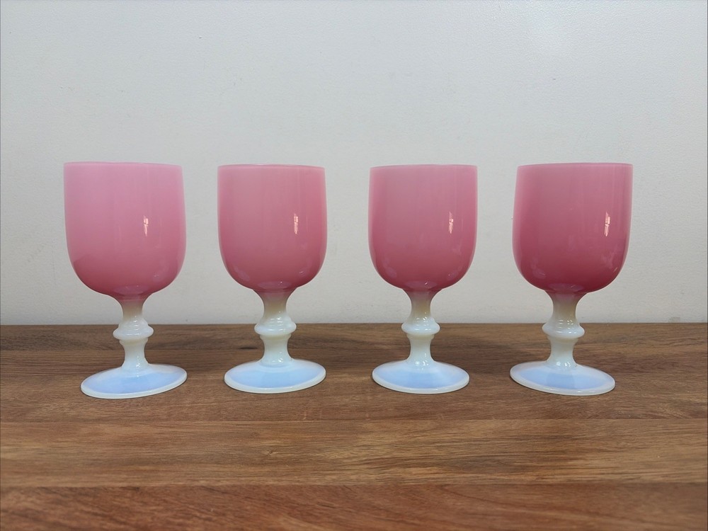 Antique Steuben 4 Rosaline & Alabaster Art Glass Goblets Carder Era