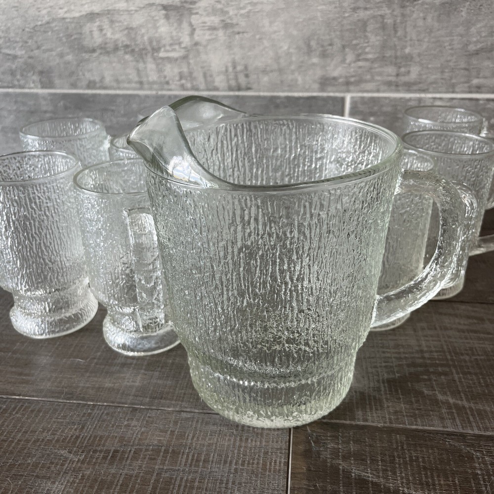 vintage Clear pitcher (1) and (9) glassware With Handles set 10 Pcs