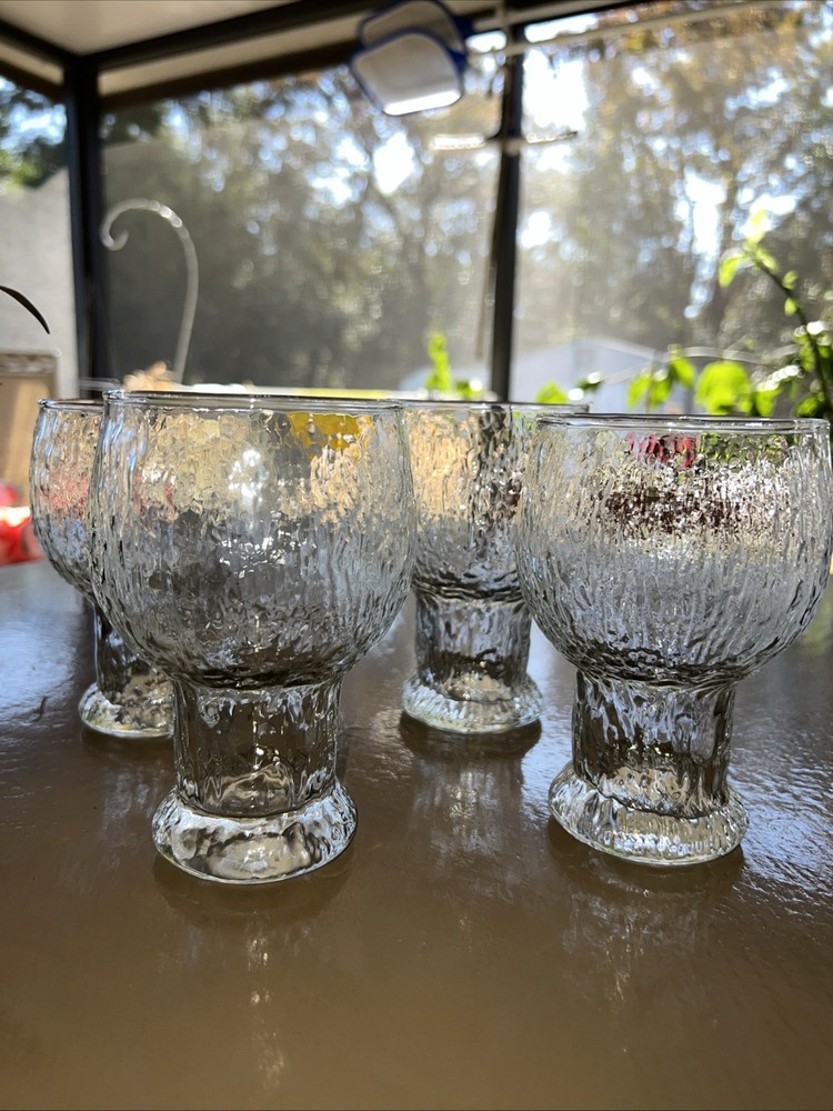 Set of 4 MCM Indiana Glacier Goblets Bark Textured Glasses Clear 16Oz 5.5″