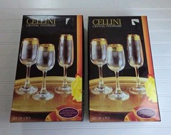 Set of 8 Cellini Crystal Stemware WATER OR WINE Glasses 24 KT Gold Trim Italy