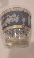 Vintage Cera Set of 2 Glass Etruscan Frieze Tumblers Blue White Gold