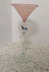 1930’s BIMINI BLOWN SWIRL ART GLASS GOBLET WITH BUBBLE ANIMAL HORSE STEM 7″H