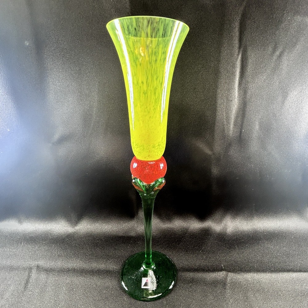 Czech Atelier Morava Stemware Yellow Red Green Art Glass Champagne Flute 11.75″