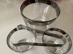 Silver Rimmed Glasses (2) with Ice Bucket and Stainless Steel Thongs Vintage