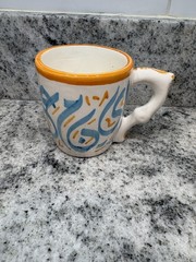 Handmade Ceramic Mug Unique Handle Abstract Art Pottery 4.5″ Tall Signed Artist