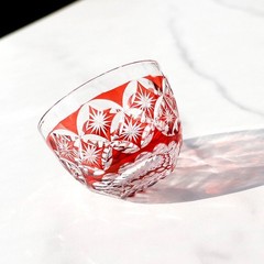 Red Edo Kiriko Glass Cup Small Shot Glasses For Sake Handmade Cased Glass 1.5oz