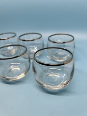 Set Of MCM Dorothy Thorpe Style Pitcher Decanter 6 Roly Poly Silver Trim Glasses