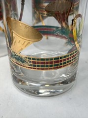 Vtg Set of 4 Culver Old Fashioned Glasses Yule Horn Holiday Ribbon Gold USA FLAW