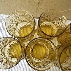 VTG Set Of 7 Anchor Hocking Rain Flower Amber Flat Tumbler Juice Glasses 6 Oz.